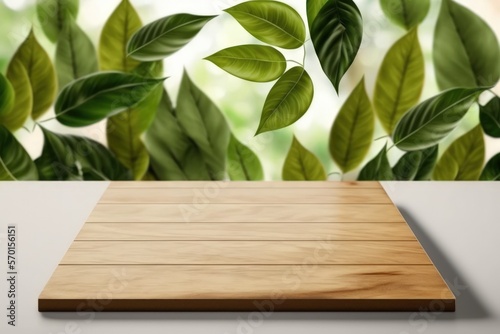 Wood table top against a background of leaves on a white wall. Key visual layout for montage product display or design. Generative AI