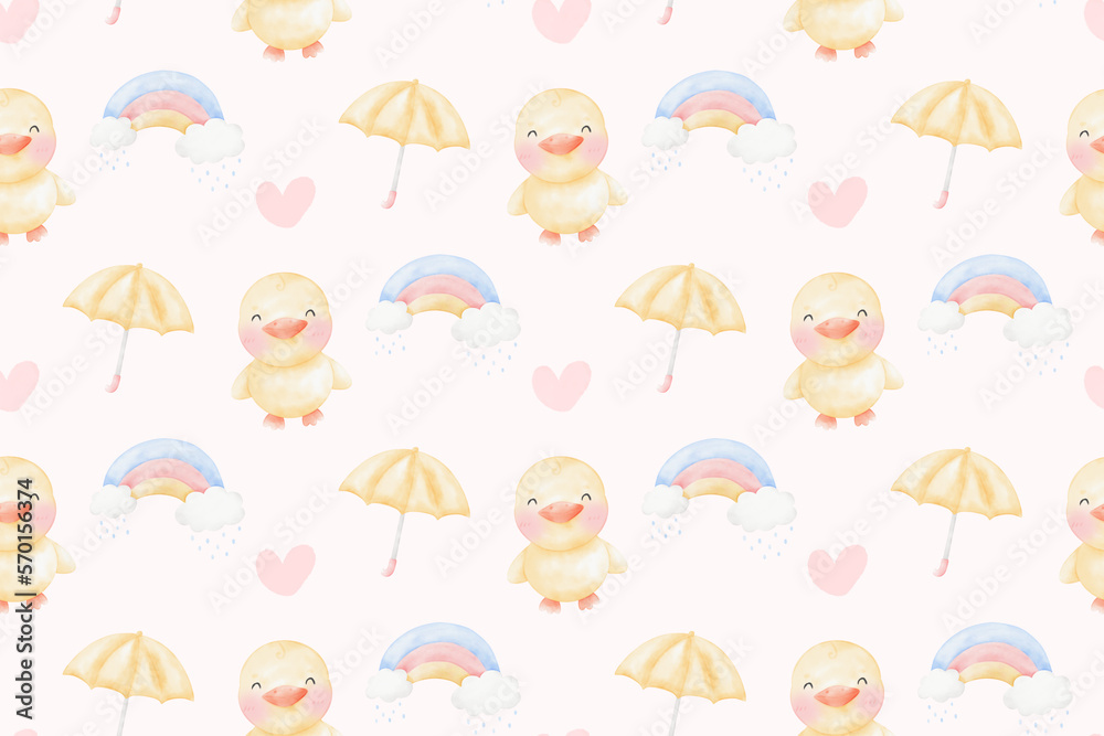 Cute Elephant and duck in raining day background patterns