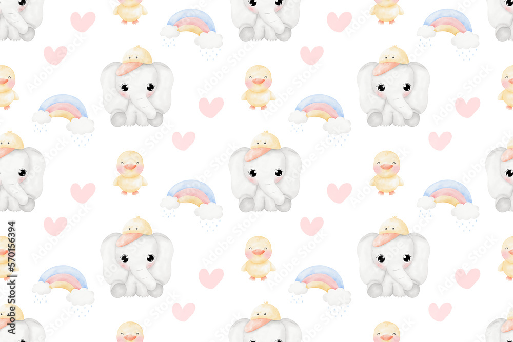 Cute Elephant and duck in raining day background patterns Cute Elephant and duck in raining day background patterns