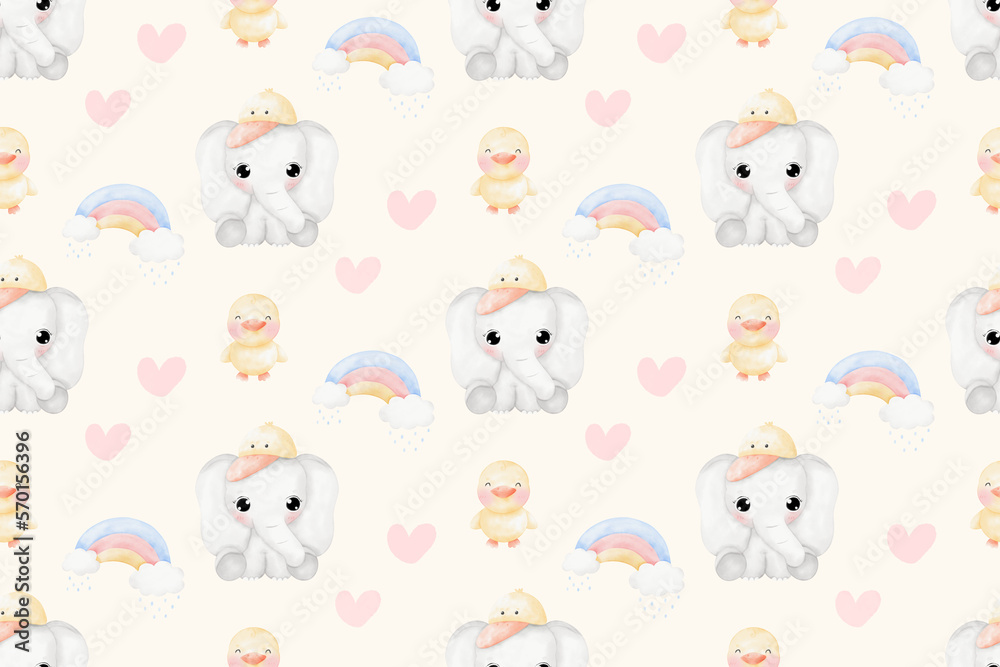 Cute Elephant and duck in raining day background patterns Cute Elephant and duck in raining day background patterns