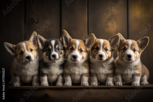 Group of five cute welsh corgi puppies. Generative AI. © Evgeniya Grande