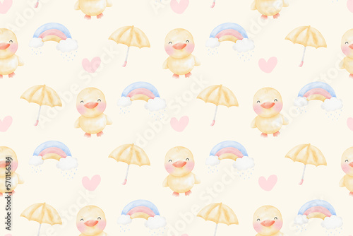 Cute Elephant and duck in raining day background patterns