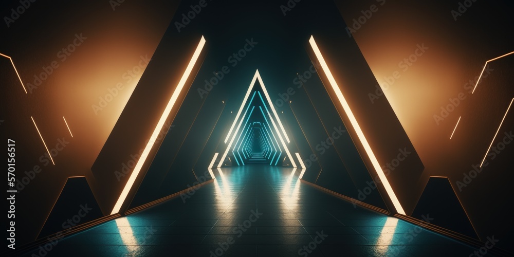 Fototapeta premium Spaceship corridor in the shape of a triangle. futuristic light filled tunnel futuristic corporate, scientific, and interior backgrounds. Generative AI