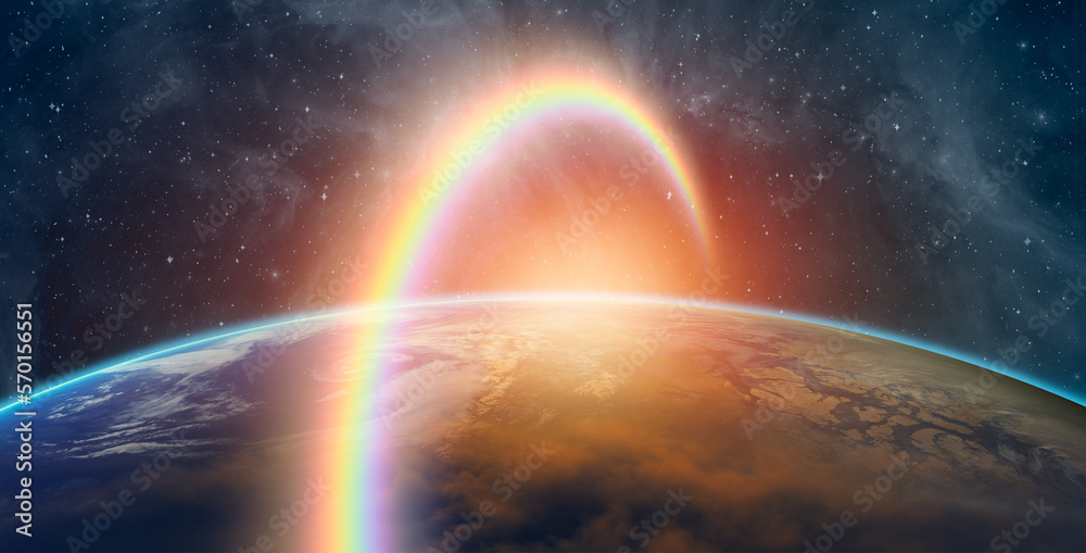 Rainbow surrounds the Planet Earth "Elements of this Image Furnished by NASA" - obrazy, fototapety, plakaty 