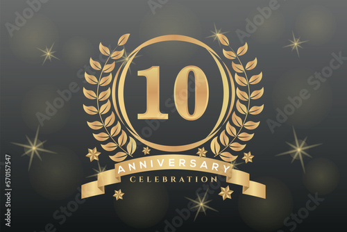 10th anniversary celebration background. Golden numbers with gold ribbon  vector design abstract