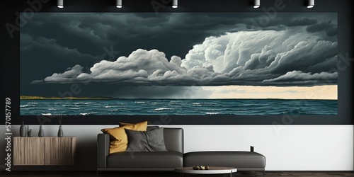 Storm clouds over the chilly ocean. Panoramic seascape with style. dramatic sky over Superior Lake. View of the Great Lakes as seen from Michigan's Keweenaw County. Background of a wide banner with co photo