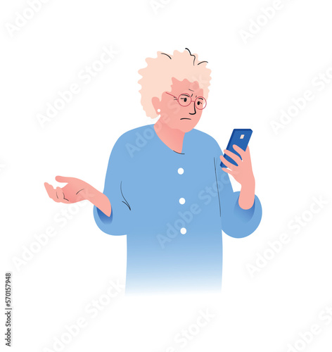 Senior woman looking at her smartphone and having trouble operating it. White background. Vector illustration