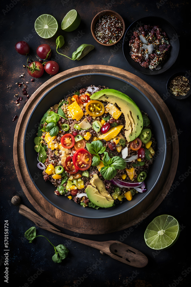 quinoa salad vegetarian food photos. Vibrant colors, textures of this healthy superfood, crisp veggies, bright herbs and spices. Perfect for vegan cookbooks, healthy eating blogs, Generative AI