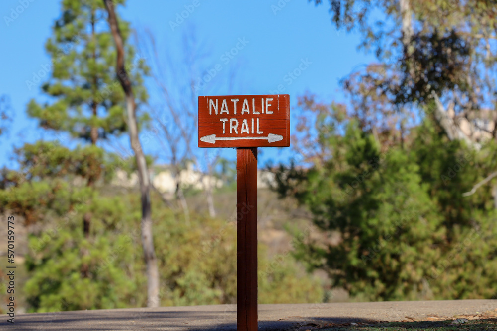 The Natalie Trail sign at Lake Miramar in San Diego, California.
