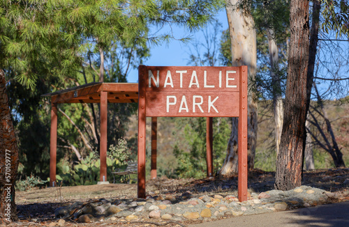 The large sign at Natalie Park at Lake Miramar in San Diego, California.