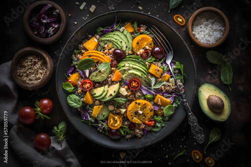 quinoa salad vegetarian food photos. Vibrant colors, textures of this healthy superfood, crisp veggies, bright herbs and spices. Perfect for vegan cookbooks, healthy eating blogs, Generative AI