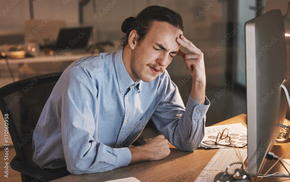 Foto de Man, headache and burnout by computer at night in stress for ...