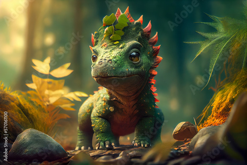Fototapeta Naklejka Na Ścianę i Meble -  Cute baby dinosaur in forest 3d anime style. Generative ai