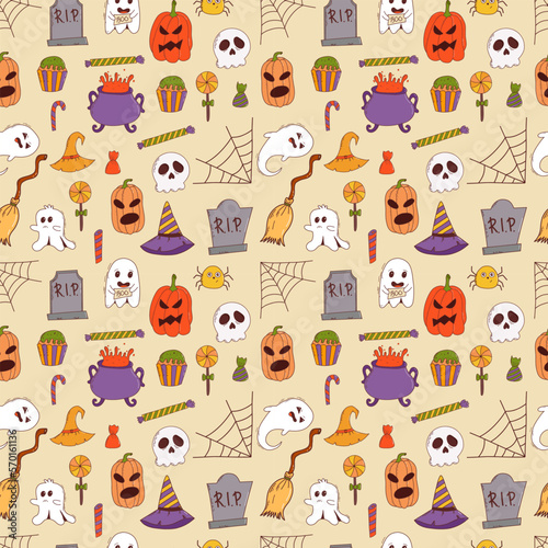 Fototapeta Naklejka Na Ścianę i Meble -  Funny halloween seamless pattern: pumpkin, ghost, witch hat, bat, sweets, spider, broom. Trick or treat concept. Vector illustration in hand drawn style