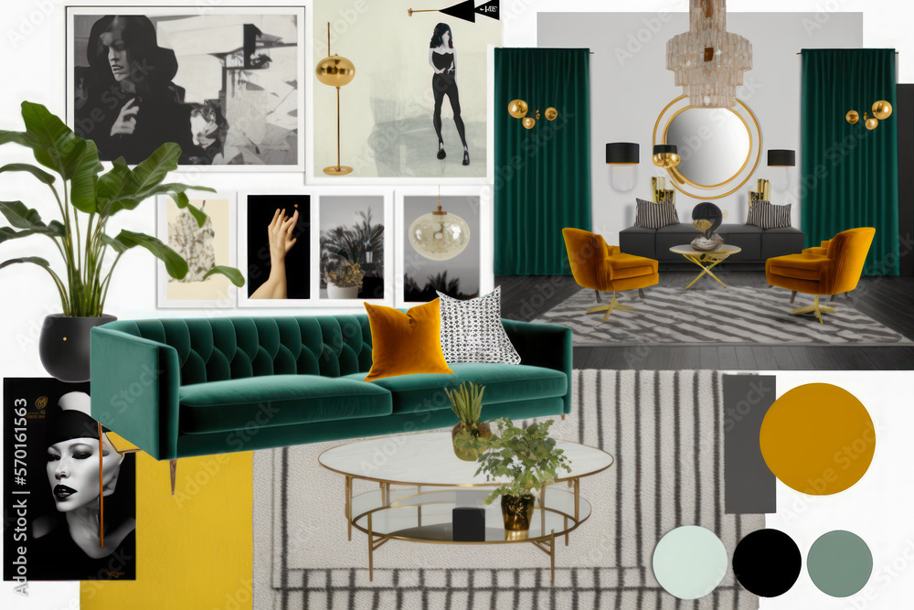 Set of interior design elements on white background, living room mood ...
