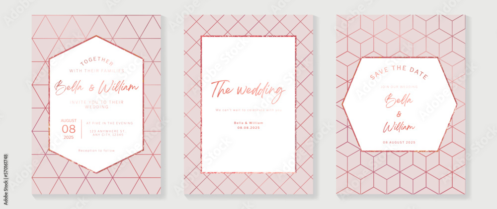 Luxury wedding invitation card background vector. Elegant geometric line art frame with metallic red gold background premium design illustration for wedding and vip cover template, banner, poster.