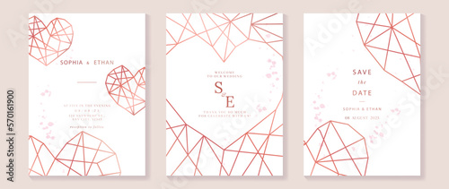 Luxury wedding invitation card background vector. Elegant geometric metallic red gold heart shape line art background. Premium design illustration for wedding and vip cover template, banner, poster.