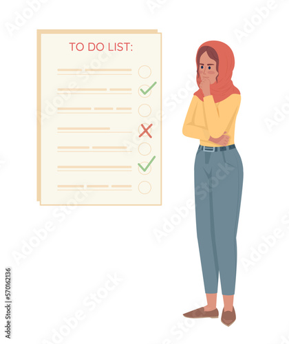 Thoughtful woman organizing tasks in to do list semi flat color vector character. Editable concept. Simple cartoon style illustration for web graphic design and animation. Quicksand Medium font used