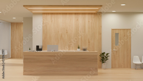 Fotografia Luxury and minimalist hospital reception counter area in white and wood style wi