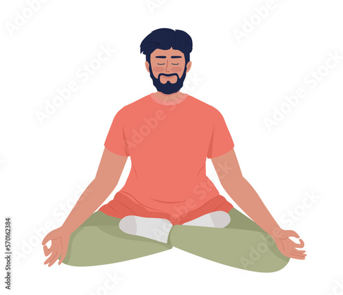 Bearded man sitting in relaxing yoga pose semi flat color vector character. Editable figure. Full body person on white. Simple cartoon style illustration for web graphic design and animation