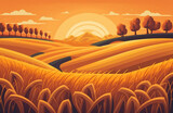 Field Panorama. Wheat field on sunset landscape. Banner of Barley field. Rye rarvesting at farm. Bread grain crops. Wheat and corn field Panorama landscape. Logo for agriculture harvest. Panorama