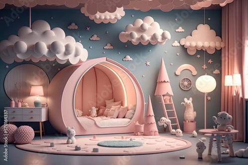 lovely cute kids princess bedroom room with toys cloud , ai generated