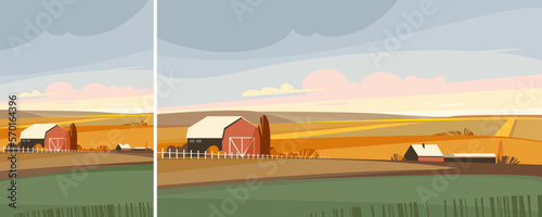 Farm in autumn season. Agricultural landscape in different formats.