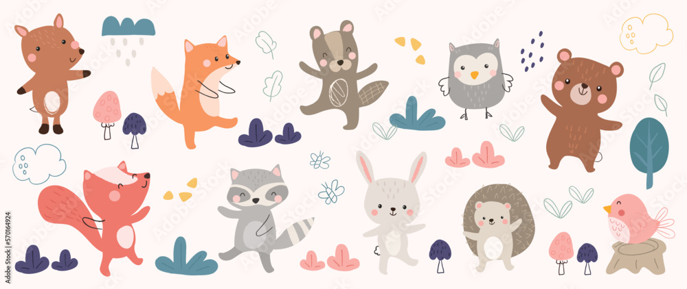 Cute animals vector set. Cartoon cheerful animals dancing parade of fox, rabbit, bird, bear, raccoon, porcupine, owl. Design suitable for kids, education, edutainment, fabric, wallpaper, apparel.