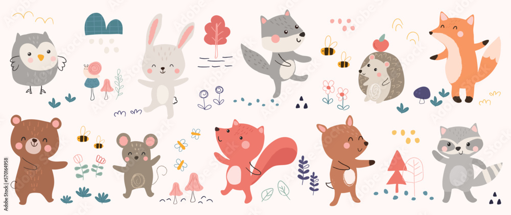 Cute animals vector set. Cartoon cheerful animals dancing parade of fox, rabbit, bird, bear, raccoon, porcupine, owl. Design suitable for kids, education, edutainment, fabric, wallpaper, apparel. Cute animals vector set. Cartoon cheerful animals dancing parade of fox, rabbit, bird, bear, raccoon, porcupine, owl. Design suitable for kids, education, edutainment, fabric, wallpaper, apparel.