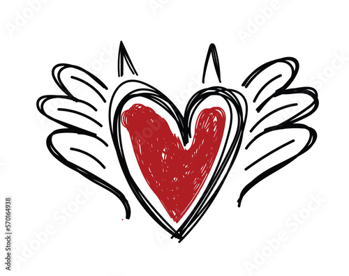 Hand drawn heart with little wing. Symbol of love. Doodle style Valentine s day illustration. Vector.