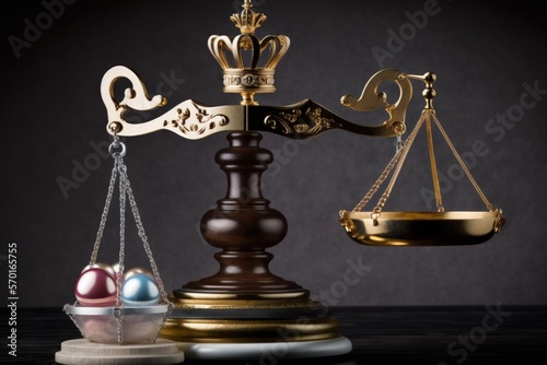 Diamond Crown of Miss Beauty Queen Pageant Contest and Scale Justice Balance gavel with stack coin money investment. Concept of Fairness and unfair in Pageant Contest Business, copy space. Generative photo