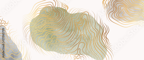 Luxury abstract line art background vector. Wallpaper design with gold curve line art pattern and watercolor organic shape background. Design illustration for home decoration, card, poster, banner.