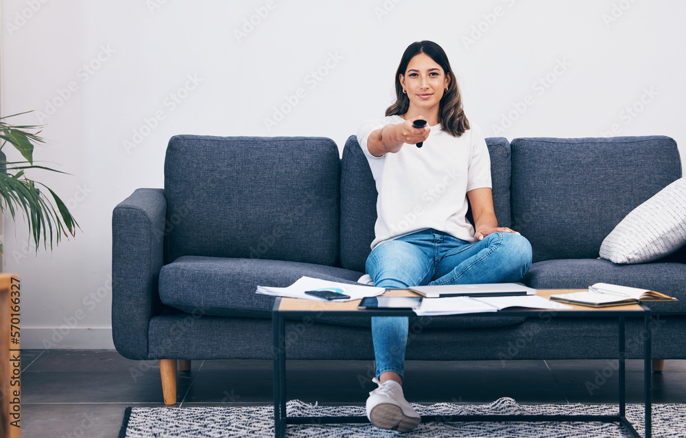 Woman watching tv, remote control and relax, taking break from studying, student at home and streaming movie. Portrait, television and entertainment with leisure, relaxing after study and freedom