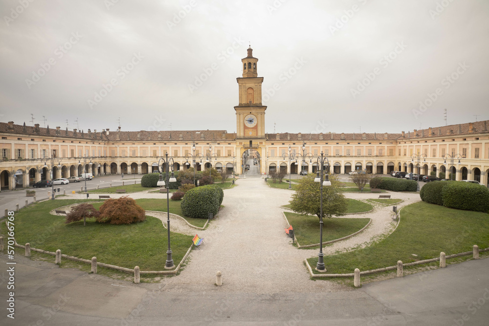 Piazza Bentivoglio and civic tower clock, Historical Center. Gualieri, Italy