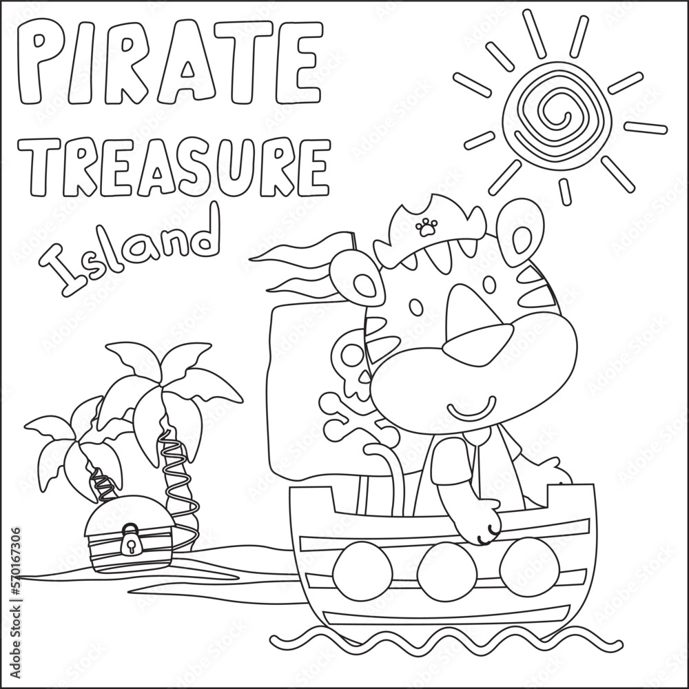 Fototapeta premium Vector illustration of funny tiger pirate, Childish design for kids activity colouring book or page.