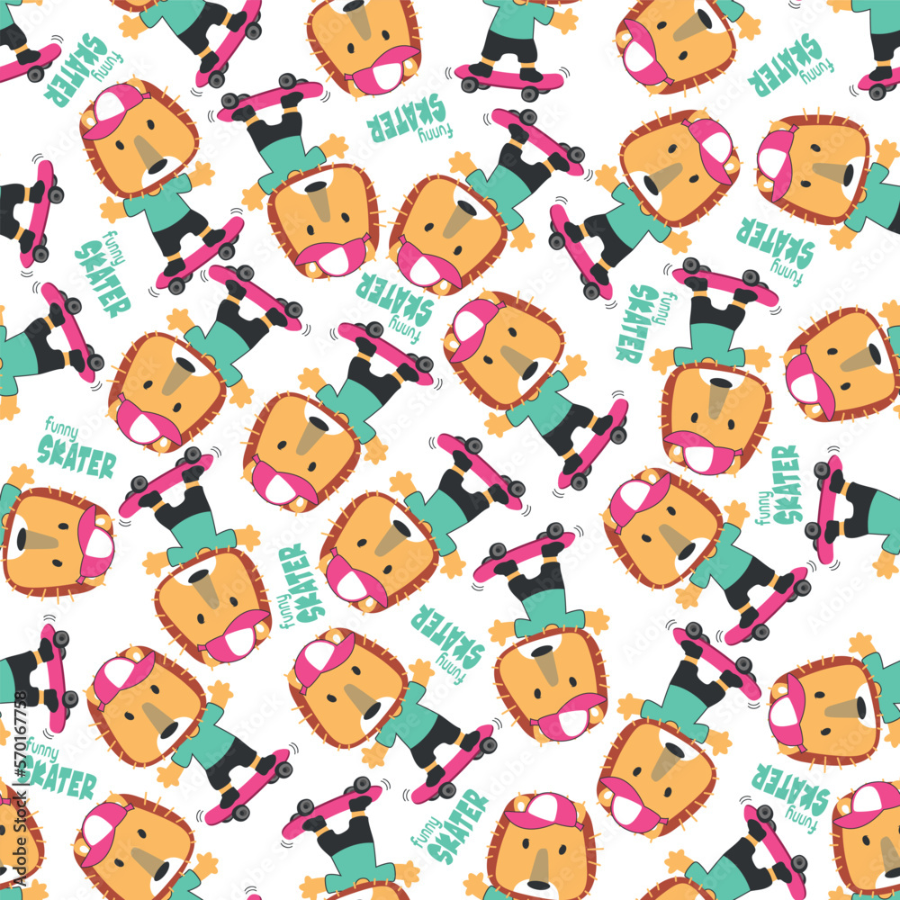 Seamless pattern with cute little lion on skate board, For fabric textile, nursery, baby clothes, background, textile, wrapping paper and other decoration. Seamless pattern with cute little lion on skate board, For fabric textile, nursery, baby clothes, background, textile, wrapping paper and other decoration.