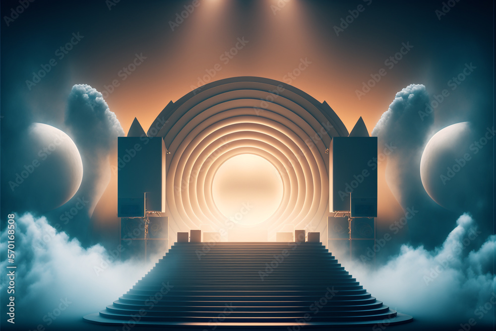 theatrical DJ stage design in the style of Es Devlin at a music festival - Generative AI - obrazy, fototapety, plakaty 