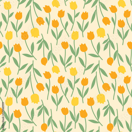 Japanese Pretty Tulip Leaf Brancht Vector Seamless Pattern