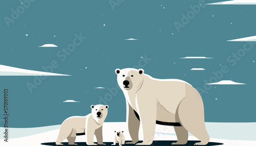 The white bear and her cub bear walks through the snow. Mother and child. The glacier, snow-covered plains. Starry night in the North. Landscapes of the Arctic. Vector illustration