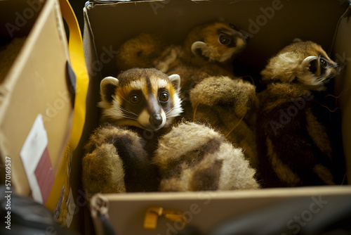 Smuggling exotic mammals in boxes hidden in hiding places, tortured animal lemurs look on pitifully. Animal cruelty concept for money business. Generative AI technology.