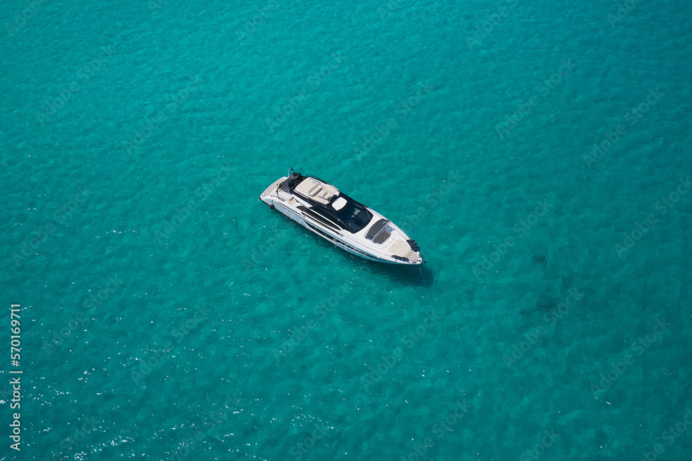 luxury white yacht anchorage on transparent water top view. luxury white yacht anchorage on transparent water top view.
