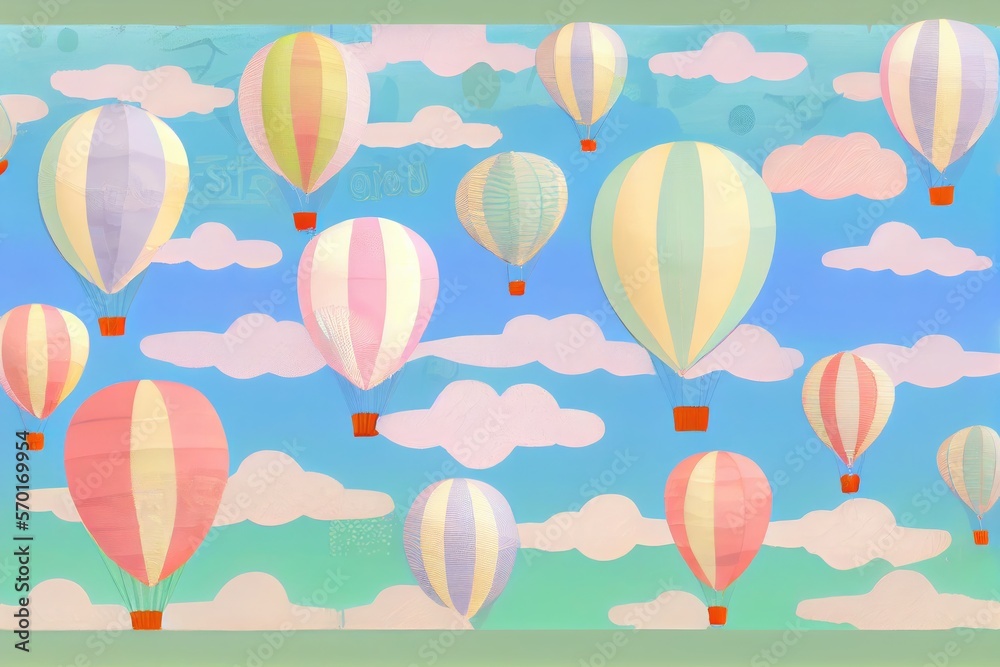 Colorful balloons floating on pattern sky background.Ai generated