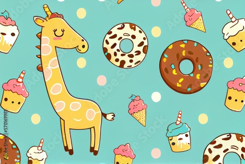 Illustrations of cute giraffe with baked and dessert on colorful background.generative ai