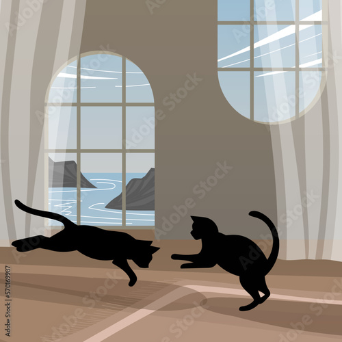 Two cats having fun in a fantasy home. Vector illustration.