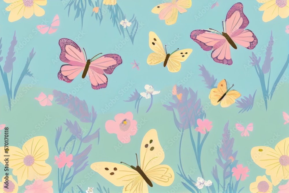 Butterflies in meadow and flowers on colorful pattern background.Ai generated