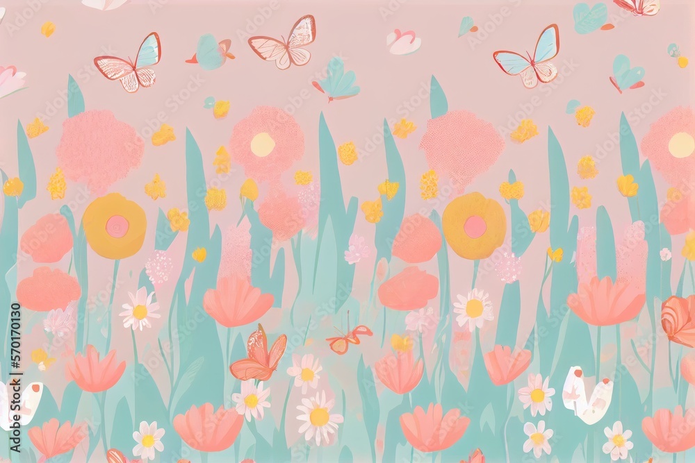 Butterflies in meadow and flowers on colorful pattern background.Ai generated