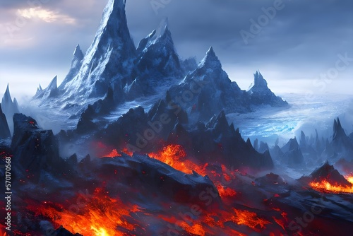 Fire in front of ice mountains