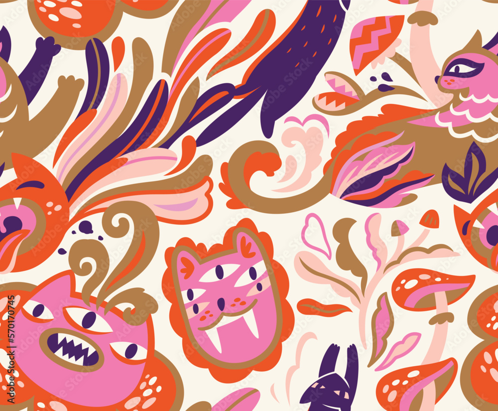 Naklejka premium Seamless vector pattern with poisonous cat-plants and mushrooms