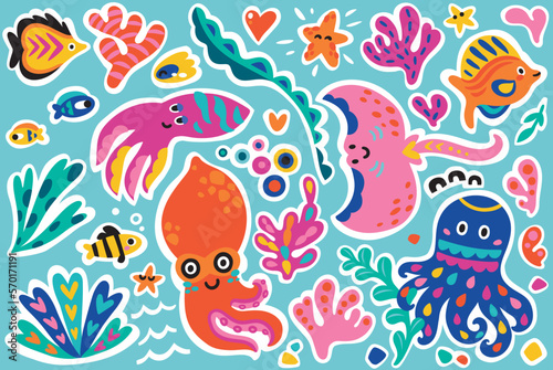 Collection of cute cartoon marine creatures in bright childish style. Flat simple style vector © penguin_house