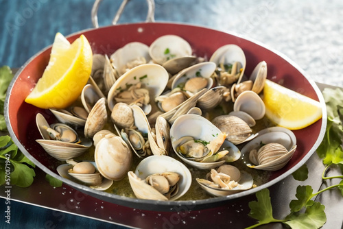 Ameijoas à bulhão pato - Delightful Flavors of Portuguese Gastronomy with the Classic Clams Bulhão Pato Dish Ai Generative